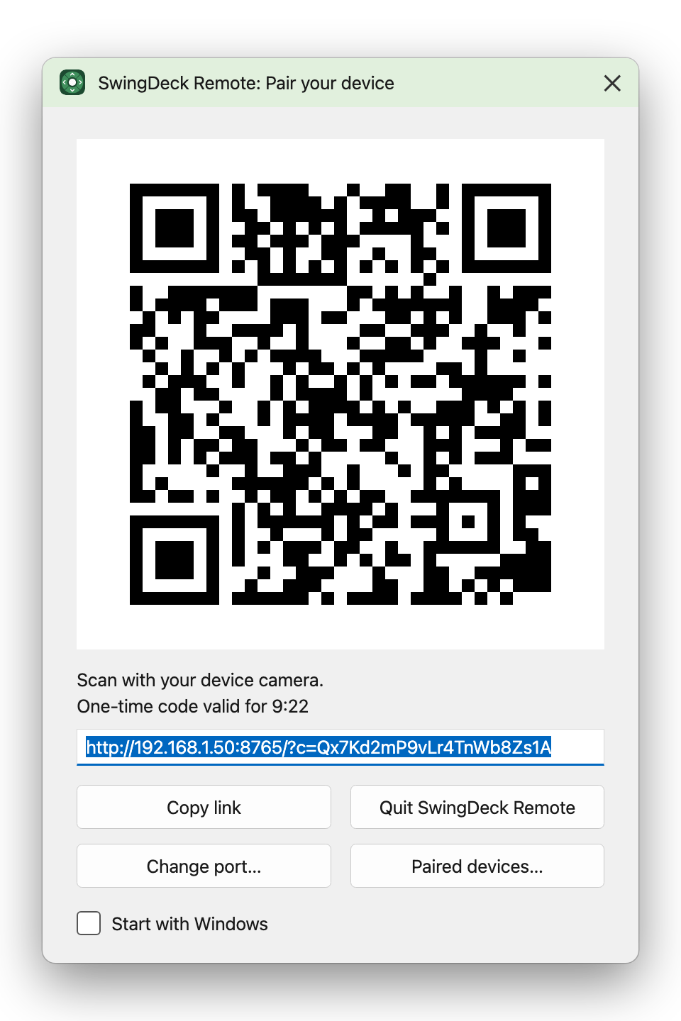 The pairing window with its QR code
